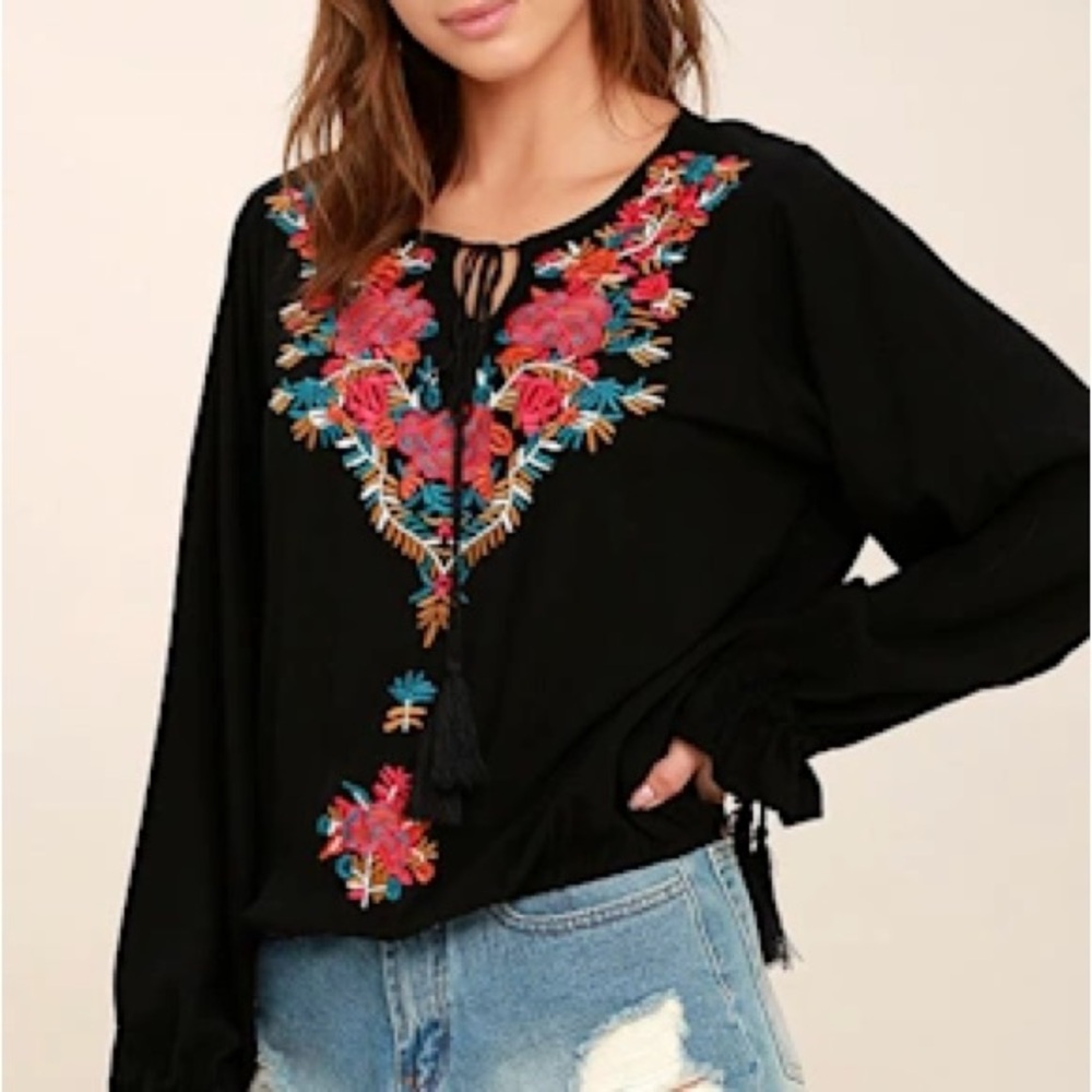 Lulu's Black Top with Colorful Floral Embroidery